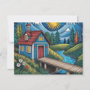 NAÏEVE kunst ansichtkaart boslandschap en hut. Briefkaart