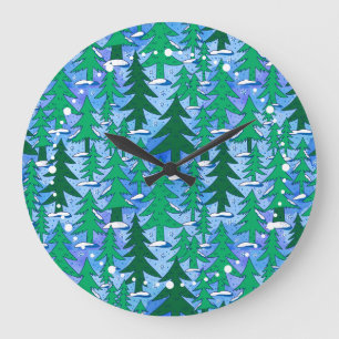 Naïeve Kunst Winter Sparrenbos Groen Blauw Grote Klok