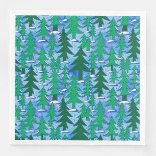 Naïeve Kunst Winter Sparrenbos Groen Blauw Servet
