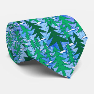 Naïeve Kunst Winter Sparrenbos Groen Blauw Stropdas