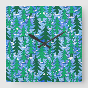 Naïeve Kunst Winter Sparrenbos Groen Blauw Vierkante Klok