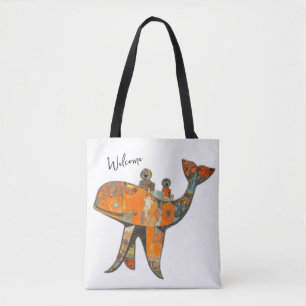 Naïeve retro stijl kunst walvis tote bag