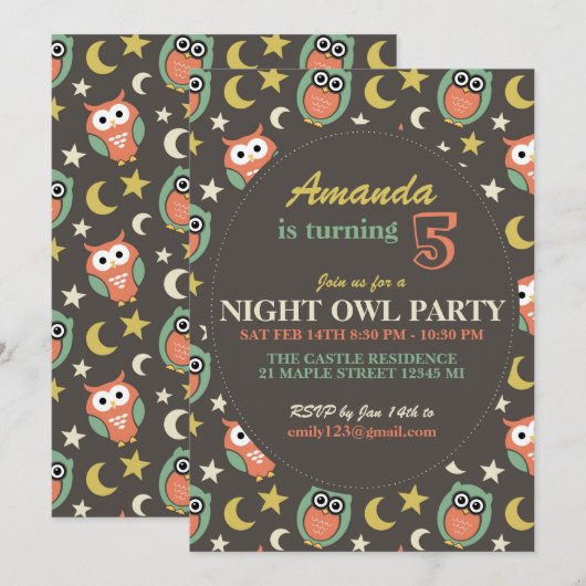 Naight Owl Birthday Party Uitnodiging voor kindere (Voorkant / Achterkant)