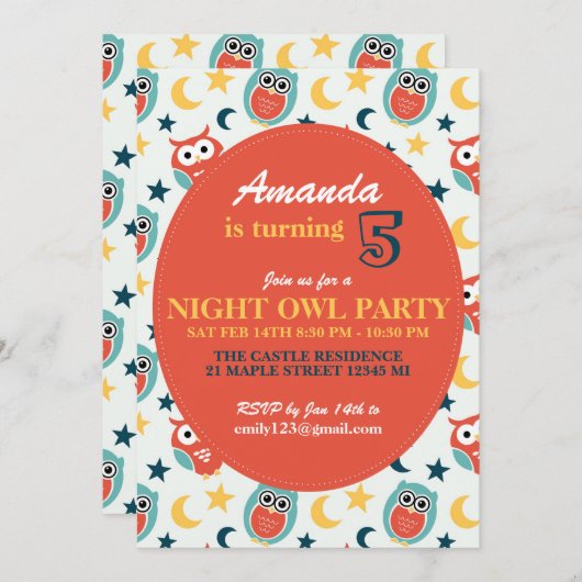 Naight Owl Birthday Party Uitnodiging voor kindere (Voorkant / Achterkant)