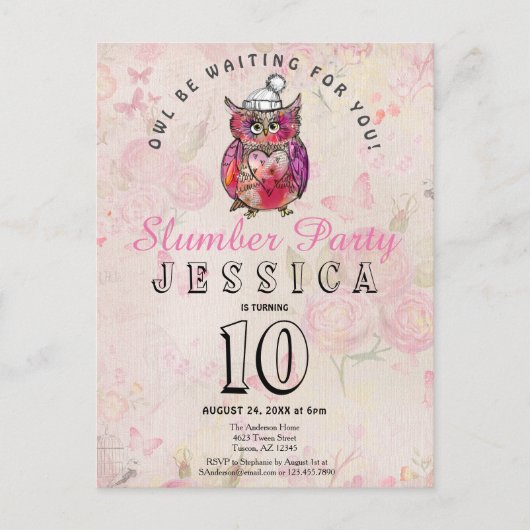 Naight Owl Birthday Slumber Party Invitation Briefkaart (Voorkant)