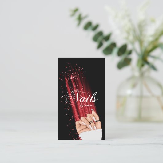 Nail Art Red Glitter Elegant Script QR Code Visitekaartje (Staand voorkant)