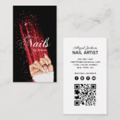 Nail Art Red Glitter Elegant Script QR Code Visitekaartje (Voorkant / Achterkant)