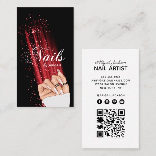 Nail Art Red Glitter Elegant Script QR Code Visitekaartje (Voorkant / Achterkant)