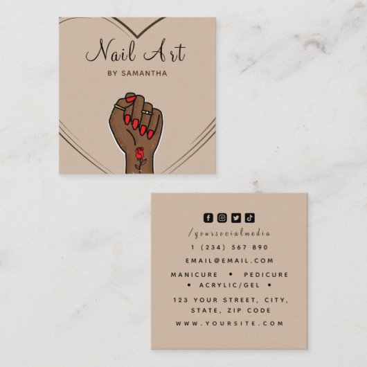 Nail Art Salon Boho Elegant Drawn Hand & Heart Vierkante Visitekaartje (Voorkant / Achterkant)