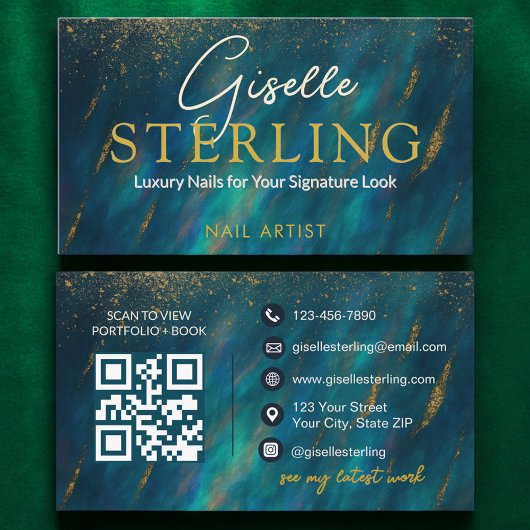 Nail Artist Dark Green Opal Stone QR Code Visitekaartje