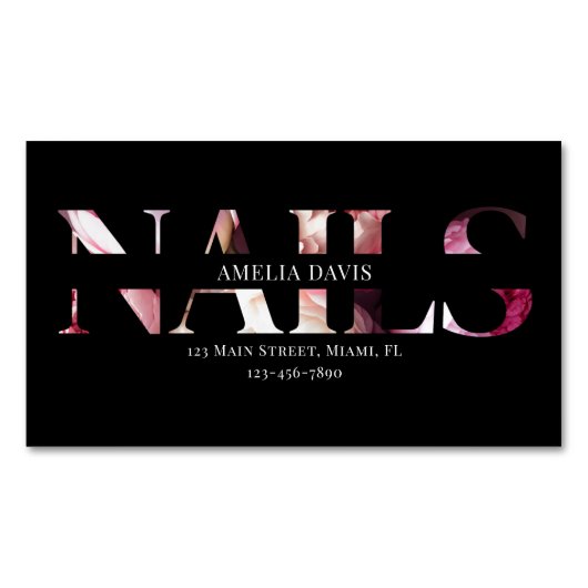 Nail Artist Elegant Bloemen Zwart Roze Manicurist Magnetisch Visitekaartje (Voorkant)