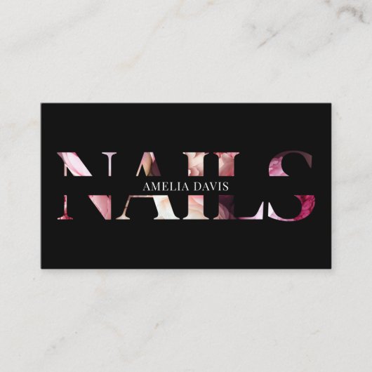 Nail Artist Elegant Bloemen Zwart Roze Manicurist Visitekaartje (Voorkant)
