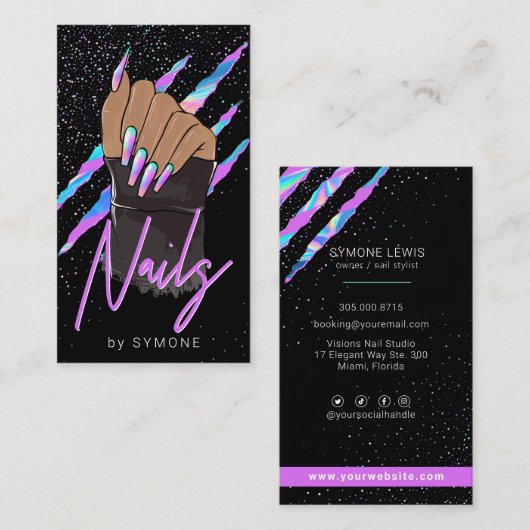 Nail Artist Holographic Modern Glam Visitekaartje (Voorkant / Achterkant)