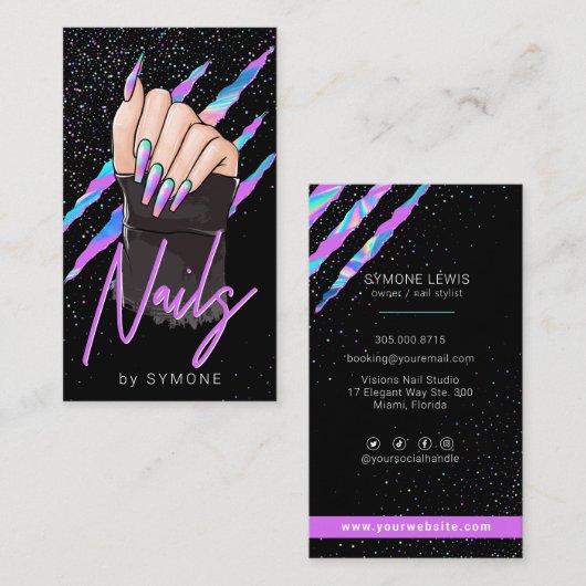 Nail Artist Holographic Modern Glam Visitekaartje (Voorkant / Achterkant)