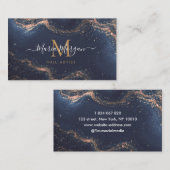 Nail Artist Navy Blue Agate Gold Monogram Visitekaartje (Voorkant / Achterkant)