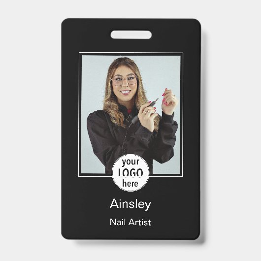  Nail Artist Photo Logo Black White Name Badge (Front)