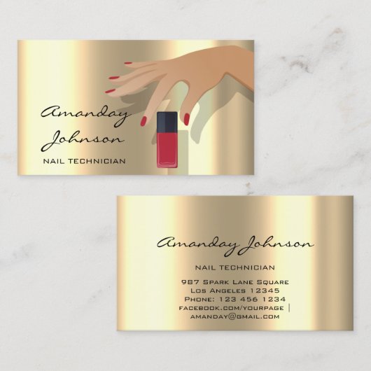 Nail Artist Studio Red Manicure Pedicure Gold Visitekaartje (Voorkant / Achterkant)