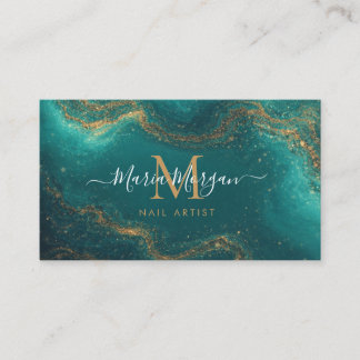 Nail Artist Turquoise Teal Agate Gold Monogram Visitekaartje