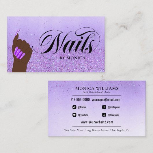Nail Manicure Tech Paars Glam Glitter Nail Salon Visitekaartje (Voorkant / Achterkant)