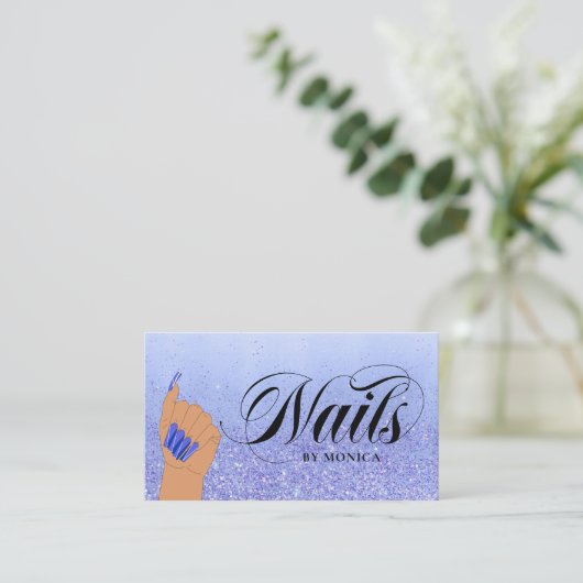 Nail Manicurist Tech Blue Glam Glitter Nail Salon Visitekaartje (Staand voorkant)