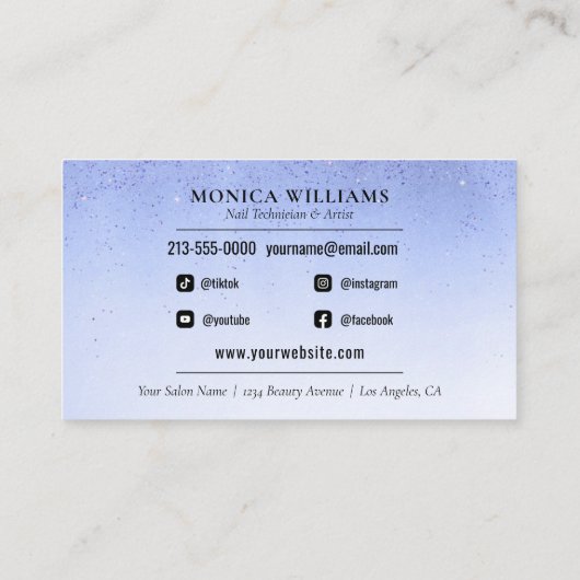 Nail Manicurist Tech Blue Glam Glitter Nail Salon Visitekaartje (Achterkant)