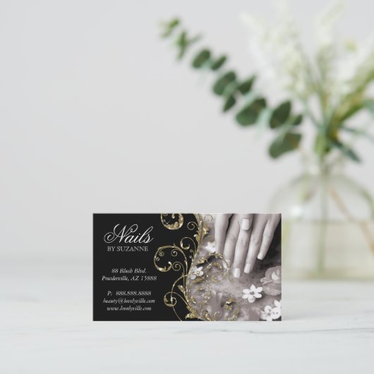 Nail Salon Black Gold Sparkle Visitekaartje (Staand voorkant)