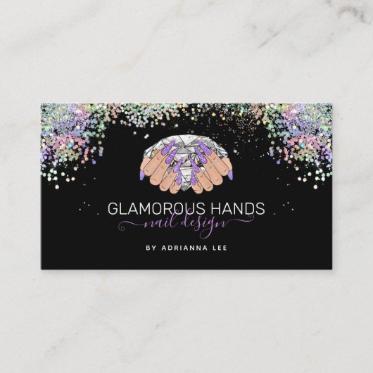 Nail Salon Diamond Hands Paars Glitter Nail Tech Visitekaartje (Voorkant)