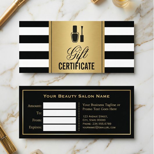 Nail Salon Gift Certificate Gold B&W Stripes