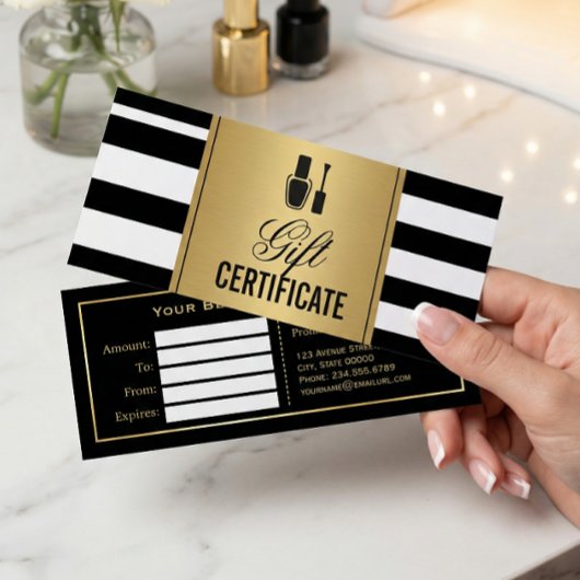 Nail Salon Gift Certificate Gold B&W Stripes