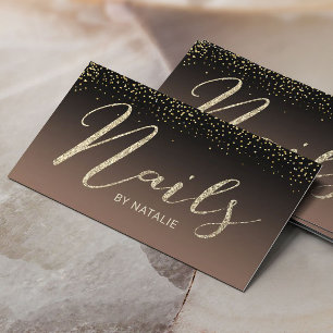 Nail Salon Gold Glitter Typography Black & Beige Visitekaartje