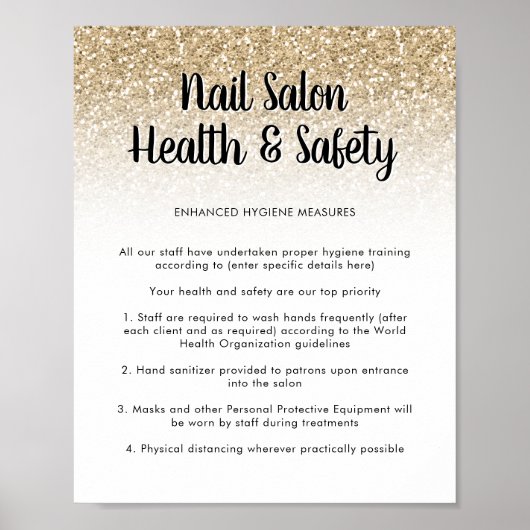 Nail Salon Health Safety Poster Gold Glitter (Voorkant)
