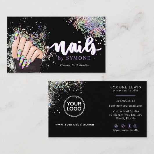 Nail Salon Holographic Glitter Nail Tech Beauty Visitekaartje (Voorkant / Achterkant)