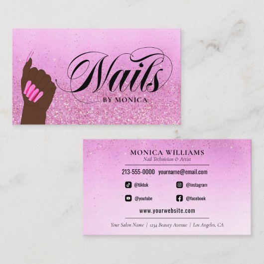 Nail Salon Hot Pink Glam Glitter Manicurist Visitekaartje (Voorkant / Achterkant)