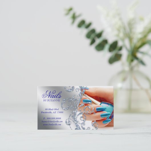 Nail Salon Loyalty Card Glitter Silver Blue Pools (Staand voorkant)