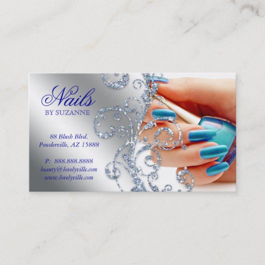 Nail Salon Loyalty Card Glitter Silver Blue Pools (Voorkant)