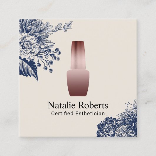 Nail Salon Manicurist Blue Floral Estheticus Vierkante Visitekaartje (Voorkant)