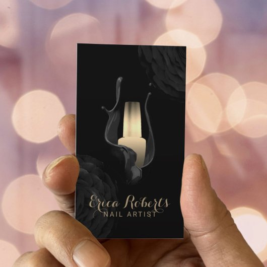 Nail Salon Manicurist Modern Black Gold Floral Visitekaartje