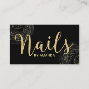 Nail Salon Modern Black & Gold Floral Visitekaartje