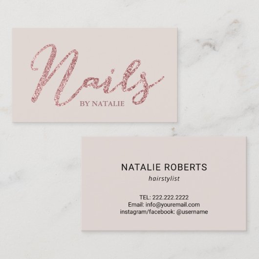 Nail Salon Modern Roos Gold Glitter Typografie Visitekaartje (Voorkant / Achterkant)