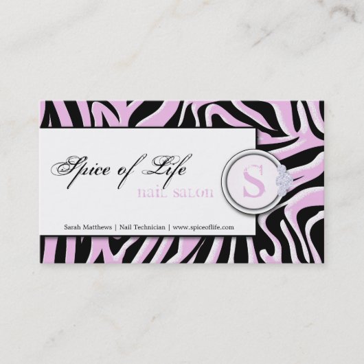 Nail Salon Pink Zebra Print Monogram Visitekaartje (Voorkant)
