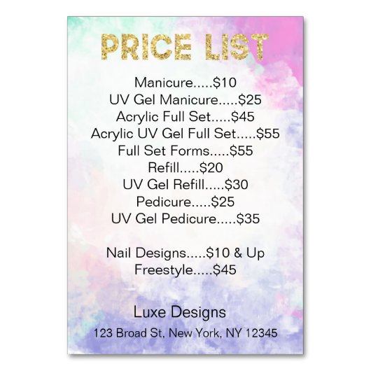 Nail Salon Price List Glitter Drift Kaarten (Voorkant)
