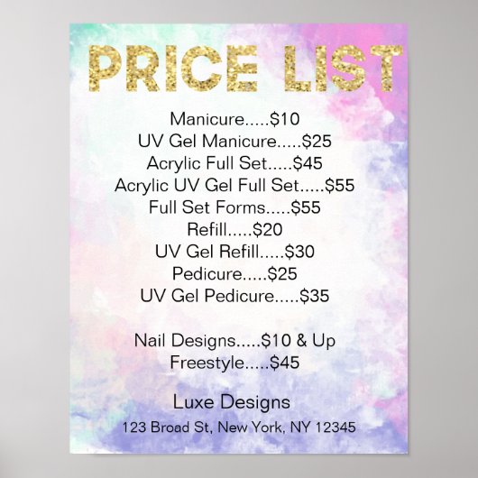 Nail Salon Price List Waterverf, Gold Glitter Poster (Voorkant)