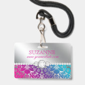 Nail Salon Technicia Floral Damask Pink Blue  Badge (Achterkant met lanyard)