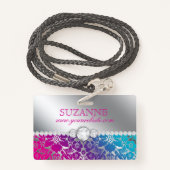 Nail Salon Technicia Floral Damask Pink Blue Badge (Achterkant met draagriem)