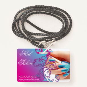 Nail Salon Technicia Floral Damask Pink Blue Badge