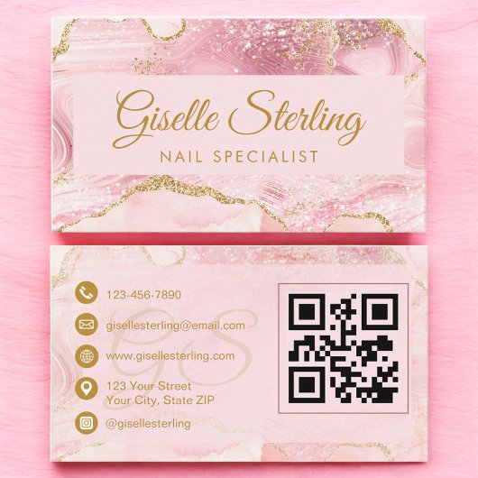 Nail Specialist Blush Pink Gold Agate QR Code Visitekaartje