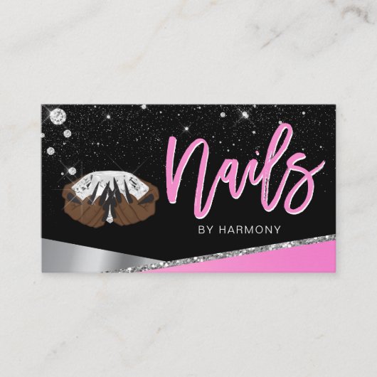 Nail Tech Artist Glam Pink Silver Diamond Salon Bu Visitekaartje (Voorkant)