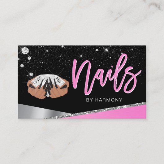 Nail Tech Artist Glam Pink Silver Diamond Salon Bu Visitekaartje (Voorkant)