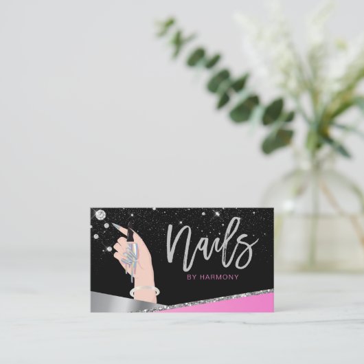 Nail Tech Artist Glam Pink Silver Diamond Salon Visitekaartje (Staand voorkant)