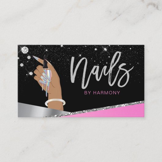 Nail Tech Artist Glam Pink Silver Diamond Salon Visitekaartje (Voorkant)